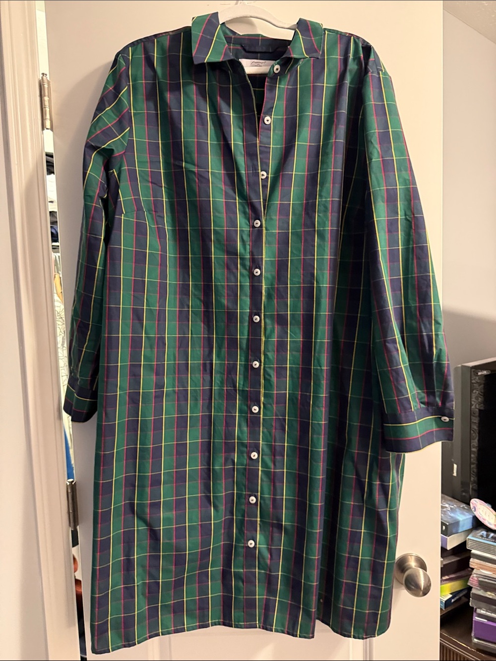 Foxcroft Green Navy Plaid Long Sleeve Button Dress
